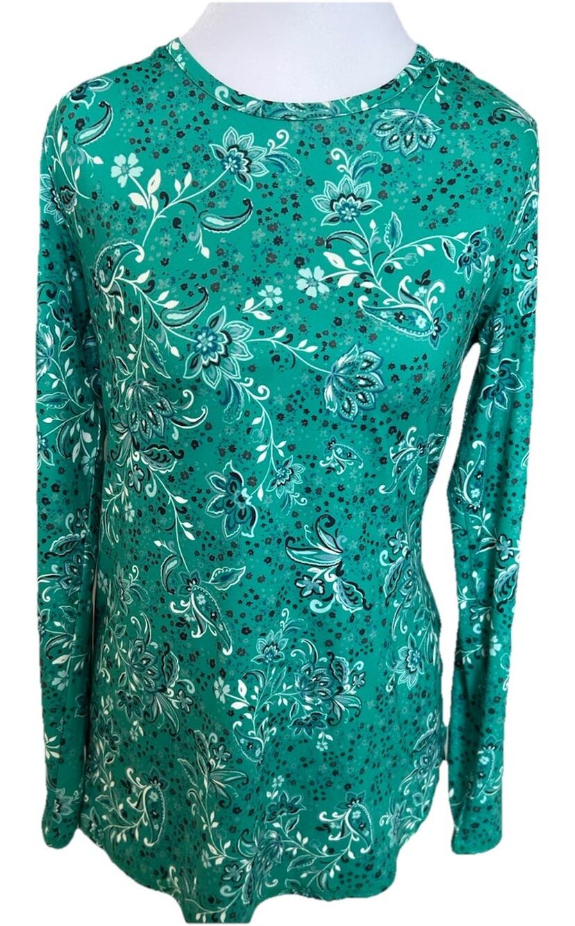 J Jill Fit Performance Long Sleeve Shirt Green Floral Active Casual Stretch S/M